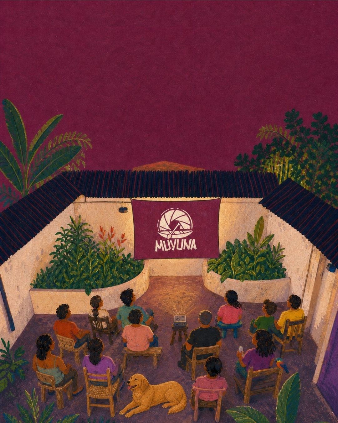Proyección comunitaria en un patio rodeado de vegetación